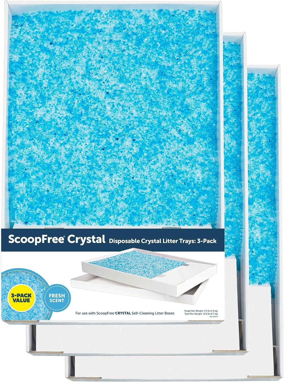 Scoopfree Crystal Litter Tray Refills, Premium Blue Crystals, 3-Pack, Disposable Tray, Includes Leak Protection & Low Tracking Litter, Absorbs Odors on Contact